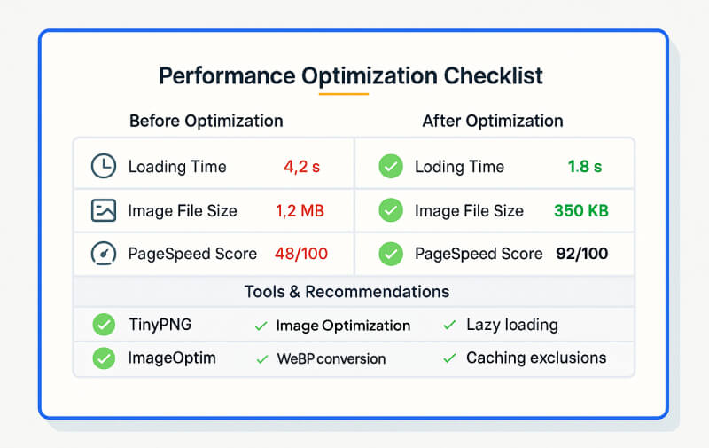Performance optimization checklist with before/after loading times